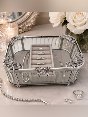 Butterfly Glass Jewelry Box Trinket Case Ring Organizer Vanity Decor Storage